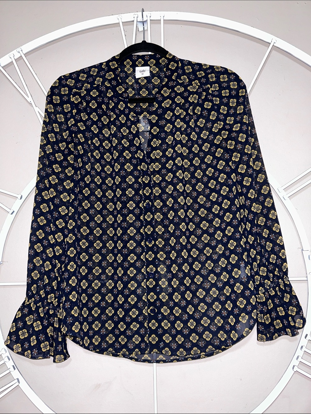 CAbi Navy and Gold Mosaic Pattern Semi-Sheer Ruffle Cuff Button-Down Blouse